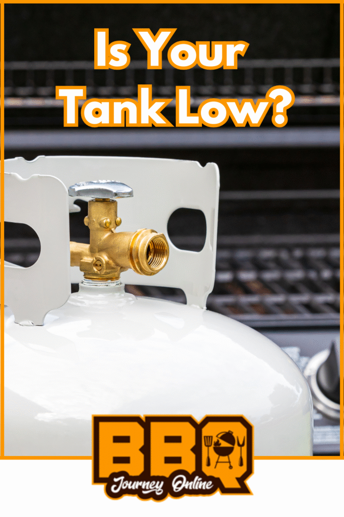 A propane tank sits in front of a barbecue grill with text above reading, "Is Your Tank Low? Learn how to tell when BBQ propane tank is low," and a BBQ Journey Online logo at the bottom.