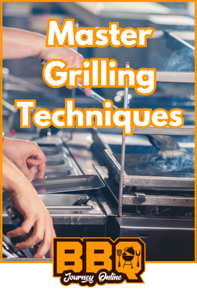 Several hands adjust grilling racks over open flames, showcasing expert grilling techniques, with the text "Master Grilling Techniques" and a BBQ Journey Online logo at the bottom.