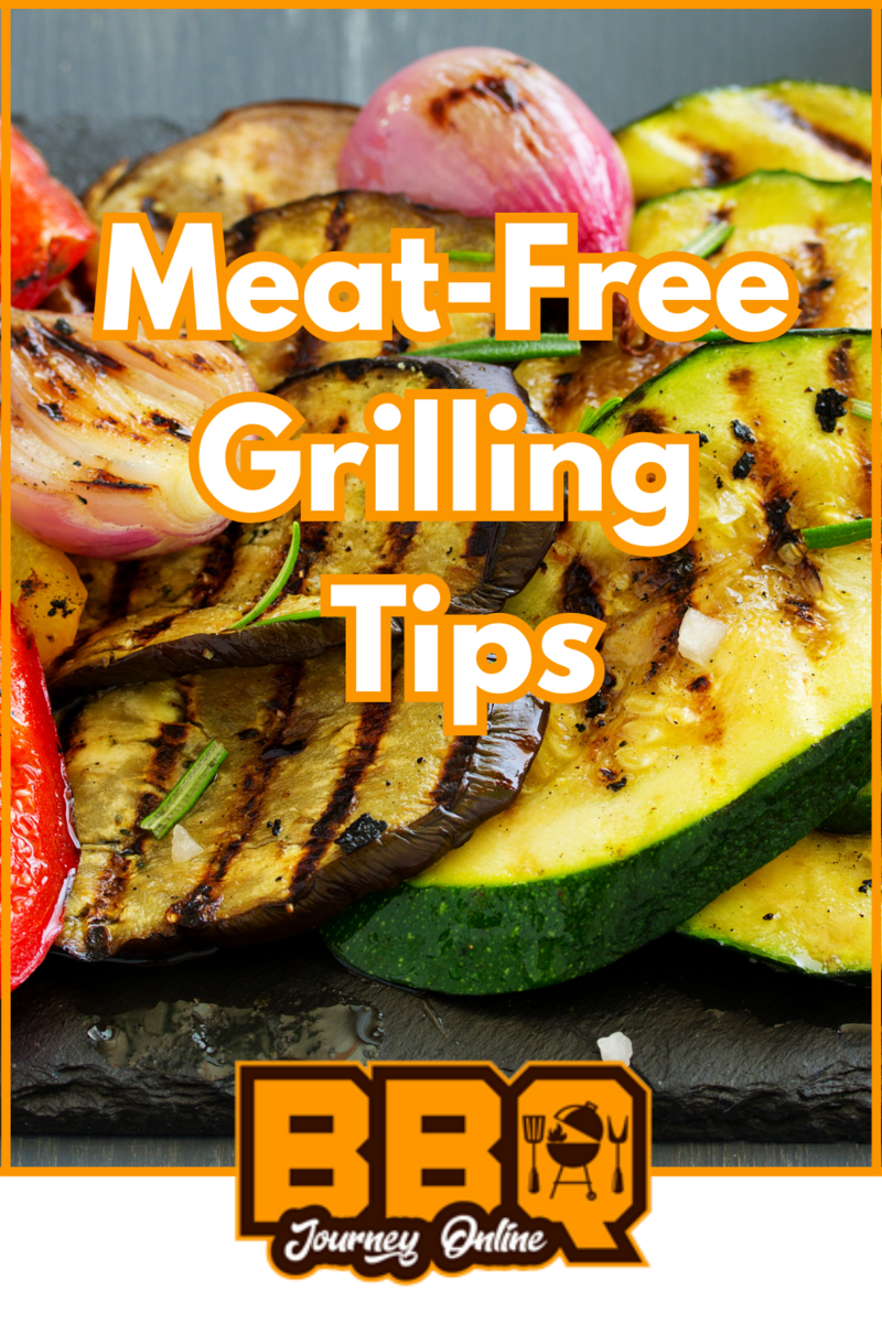 Grilled vegetables including zucchini, eggplant, red bell pepper, and onions on a dark platter, with the text "Vegetarian BBQ Delights: Grilling Without Meat" and a BBQ Journey Online logo overlaid.
