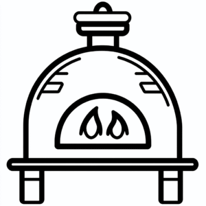 Line drawing of a pizza oven with a chimney, flames inside, and resting on a table or stand.