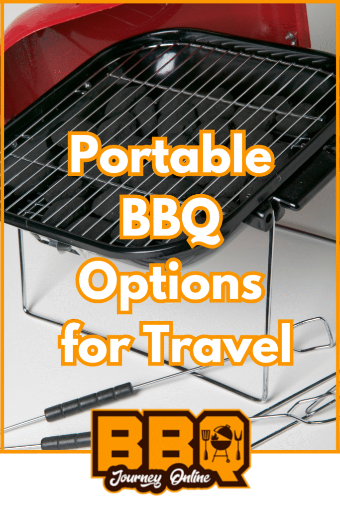 A small portable BBQ grill with utensils, featuring the text “Portable BBQ Options for Travel” and the Portable BBQ Options logo from BBQ Journey Online at the bottom.