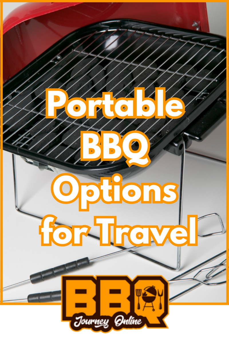A small portable BBQ grill with utensils, featuring the text “Portable BBQ Options for Travel” and the Portable BBQ Options logo from BBQ Journey Online at the bottom.
