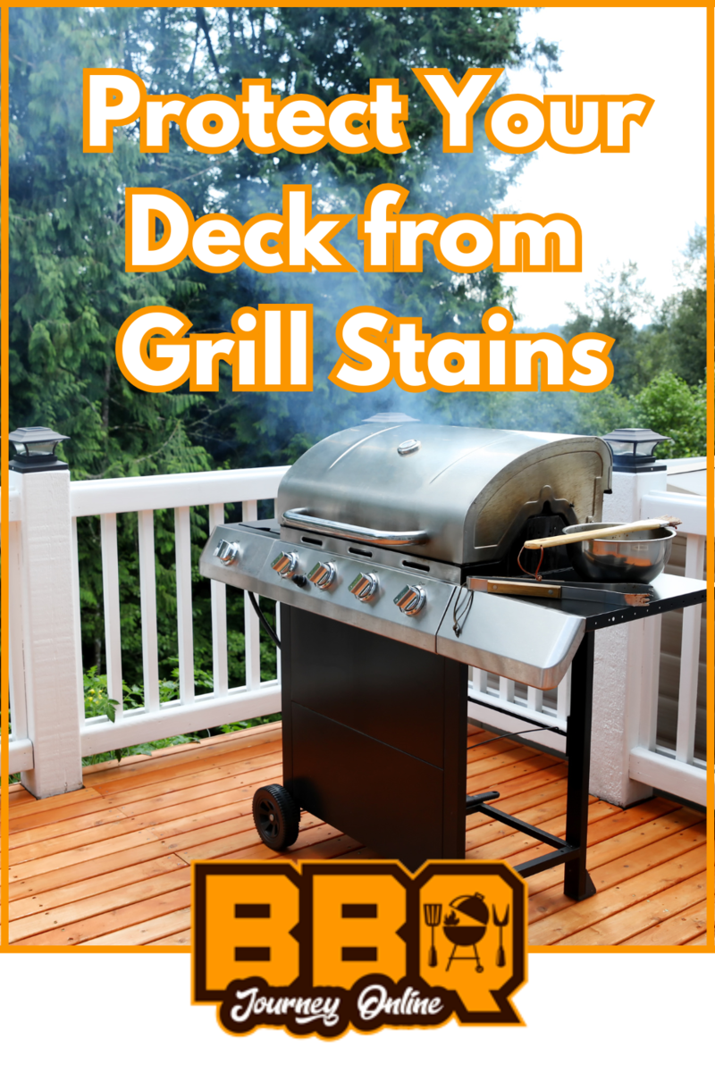 A stainless steel grill on a wooden deck with text that reads, "How to Protect Your Deck from Grill Stains. Start your BBQ journey online.