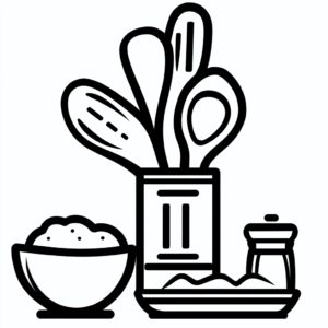 Line drawing of a bowl of rice, a container holding cooking utensils, a plate with a mound of food, and a salt shaker.