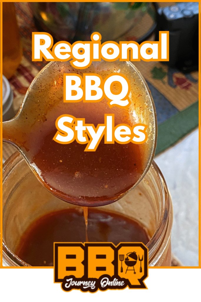 A spoon drips reddish-brown barbecue sauce into a glass jar, with text overlay reading “Regional BBQ Styles” to highlight the unique flavors found in different regions, and a BBQ Journey Online logo at the bottom.