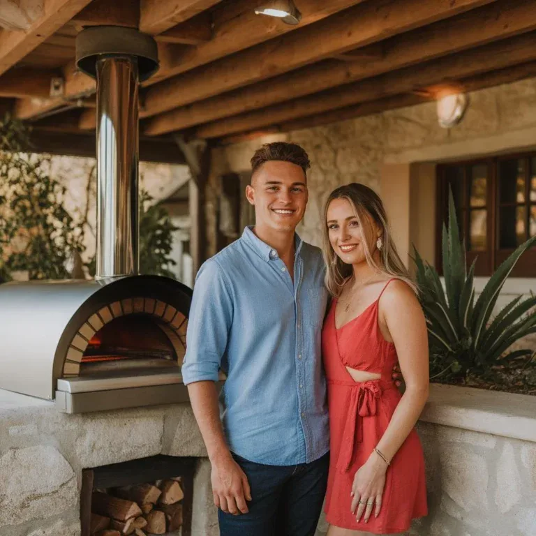 A young couple stands smiling in front of an outdoor stone pizza oven, under a wooden pergola with plants in the background—perfect inspiration for BBQ ideas for date night.