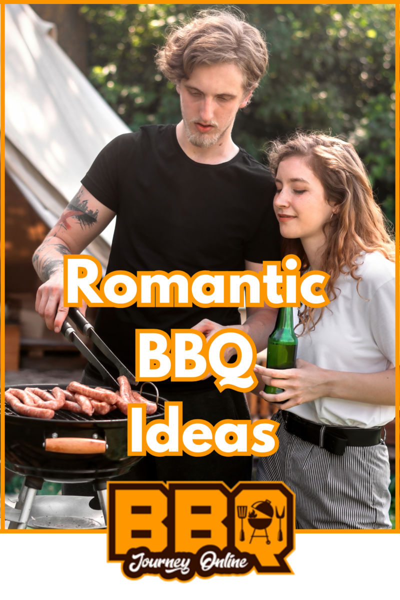 A couple stands by a grill cooking sausages outdoors. The woman holds a drink and leans in close as the man tends to the food. The text reads "BBQ Ideas for Date Night.