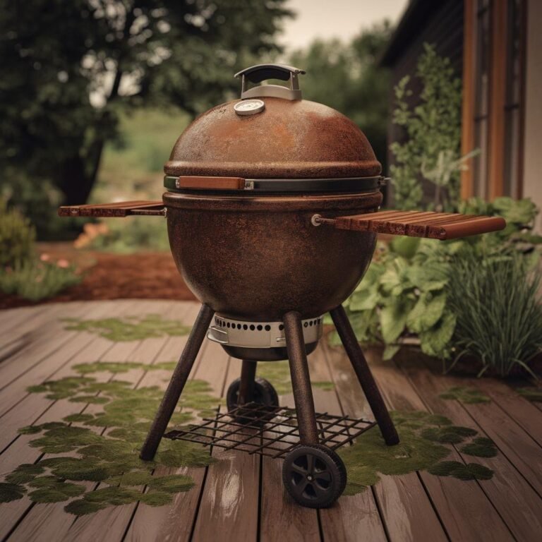 A rusted round charcoal grill with wooden handles stands on a wooden deck, surrounded by green plants—an inviting scene for a Smoker Brands Review: Analyzing the Best Options for outdoor cooking enthusiasts.