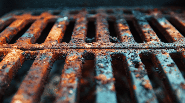 Close-up of a rusty, dirty metal grill grate with a layer of corrosion and burnt residue—highlighting the importance of learning how to stop bbq grill from rusting for safer, cleaner grilling.