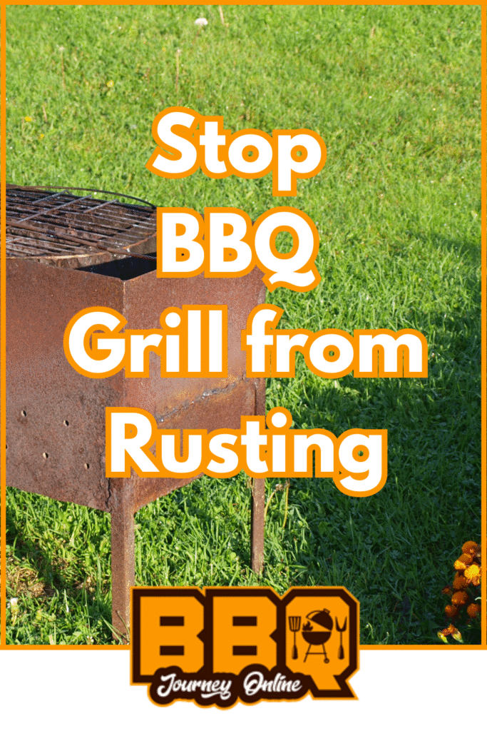 A rusted metal BBQ grill stands on grass with the text "How to Stop BBQ Grill from Rusting" overlaid in bold letters.