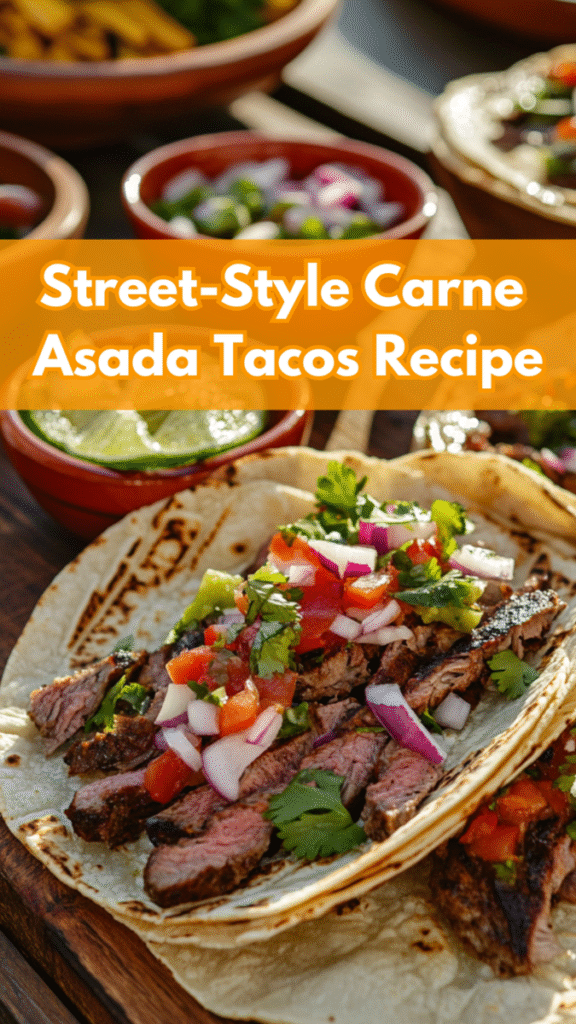 Enjoy authentic street-style carne asada tacos, piled high with chopped onions, cilantro, and salsa on warm corn tortillas, served with lime wedges and classic side dishes in the background.