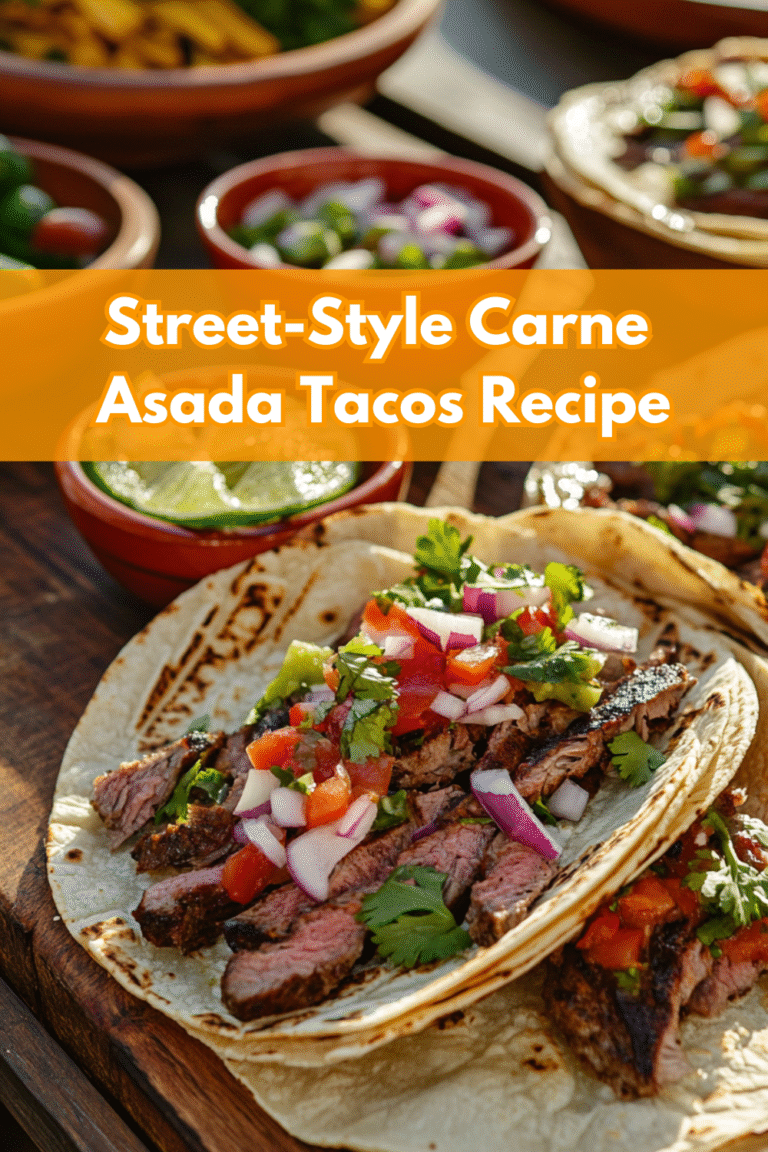 Enjoy authentic street-style carne asada tacos, piled high with chopped onions, cilantro, and salsa on warm corn tortillas, served with lime wedges and classic side dishes in the background.