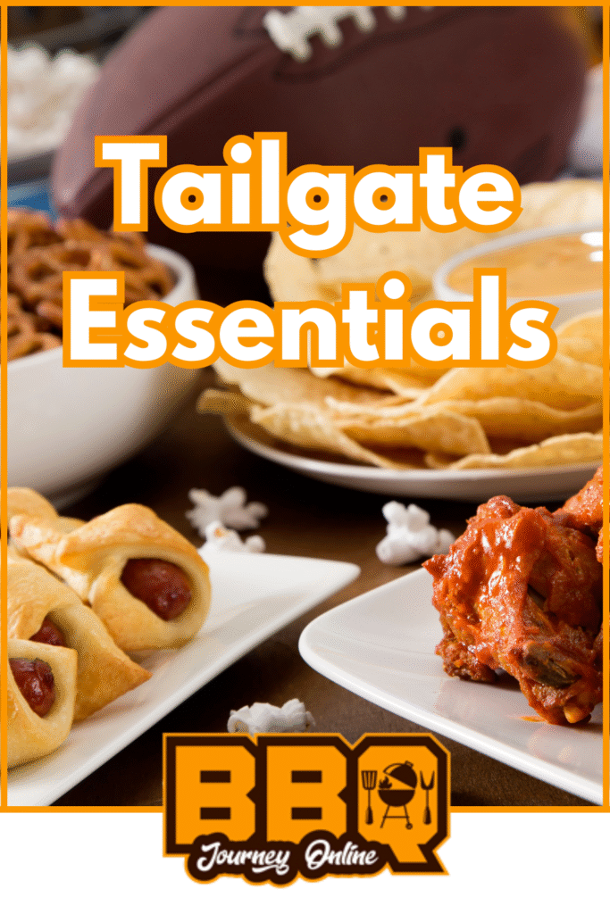 Close-up of classic Tailgate Essentials: pigs in a blanket, buffalo wings, chips with dip, and chili, with a football in the background and the text "Tailgate Essentials.