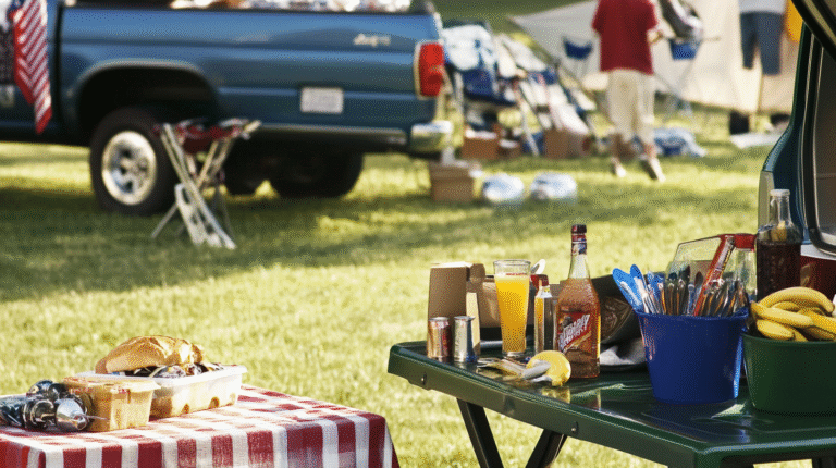 A picnic table with food, drinks, and utensils—true Tailgate Essentials—is set up outdoors near a parked pickup truck and people in the background.