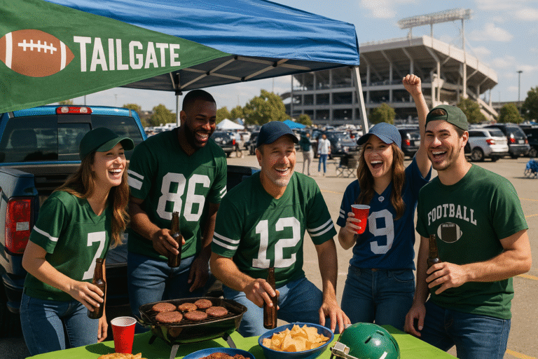Five people in football jerseys smile and stand around a table with snacks under a “Tailgate” tent, showcasing fun Tailgate Themes in a parking lot outside the stadium.