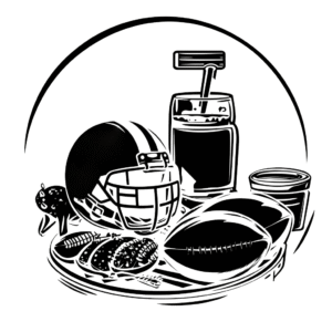 Black and white illustration of a football helmet, two footballs, a drink, corn, grilled meat, and a cupcake on a platter, suggesting a sports-themed meal.