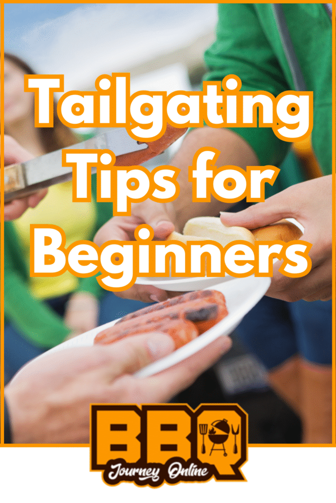 A person places a sausage in a bun for another at an outdoor gathering, with the text "Tailgating Tips for Beginners" overlaid-perfect inspiration for those new to the tailgating scene.
