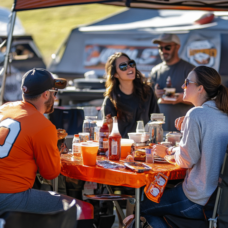Four people enjoy food and drinks around a table with an orange cloth at an outdoor tailgate party. Two wear sports jerseys, making it the perfect scene for sharing Tailgating Tips for Beginners.