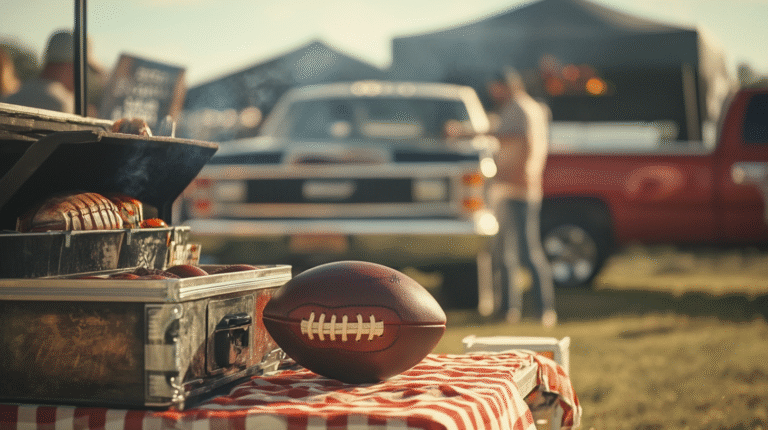 A football rests on a checkered tablecloth near the grill and food, capturing the spirit of tailgating traditions at an outdoor gathering with people and trucks in the background.