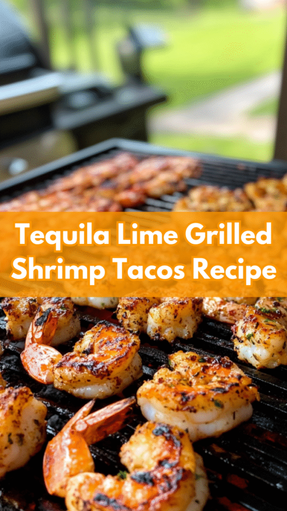 Shrimp grilling on an outdoor barbecue with a blurred background; text overlay reads "Tequila Lime Shrimp Tacos Recipe.