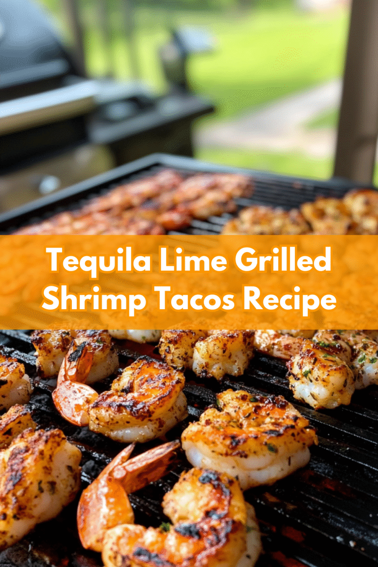 Shrimp grilling on an outdoor barbecue with a blurred background; text overlay reads "Tequila Lime Shrimp Tacos Recipe.