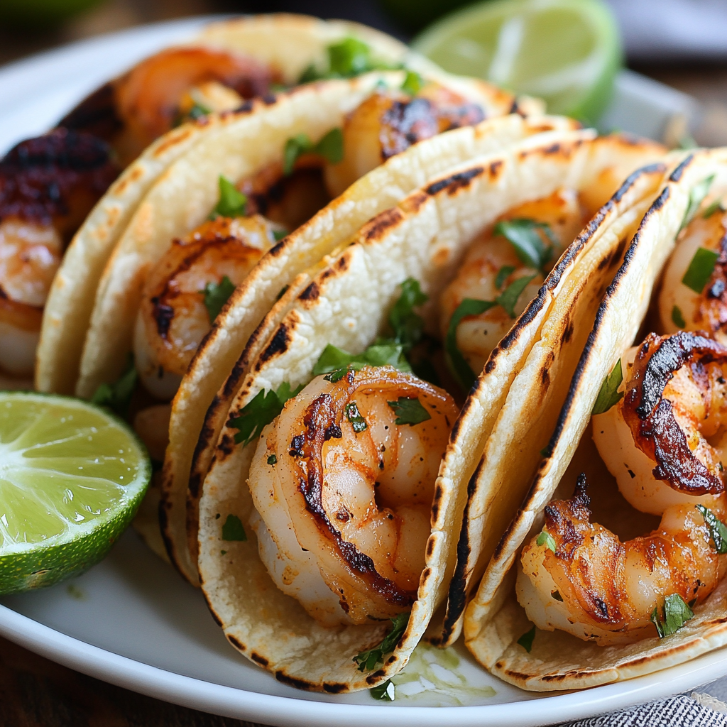 Three tequila lime shrimp tacos are served on a white plate, garnished with chopped cilantro and accompanied by fresh lime wedges.