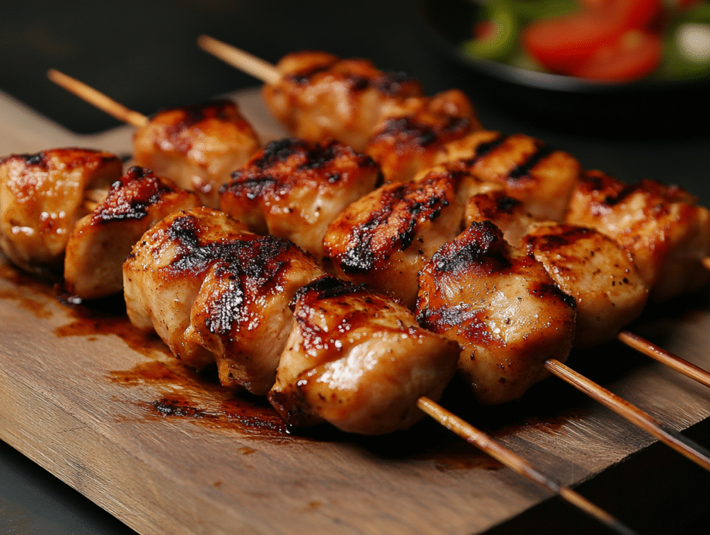 Three skewers of grilled, seasoned chicken thighs-using our favorite grilled chicken thighs recipe-sit on a wooden board with char marks visible; a blurred plate of vegetables is in the background.