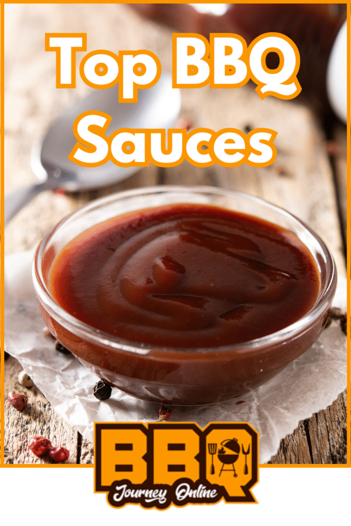 A glass bowl of barbecue sauce on parchment paper with a spoon and spices, featuring the text "Top BBQ Sauces," a BBQ Journey Online logo, and answering, "What are the most popular barbecue sauces?.