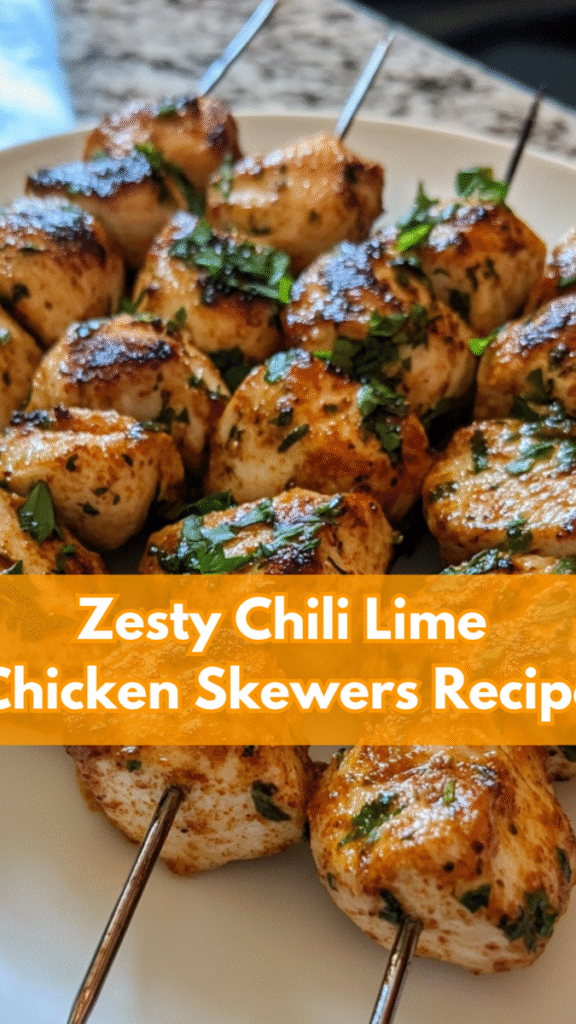 Close-up of chili lime chicken skewers garnished with herbs on a white plate, with text overlay reading "Zesty Chili Lime Chicken Skewers Recipe.