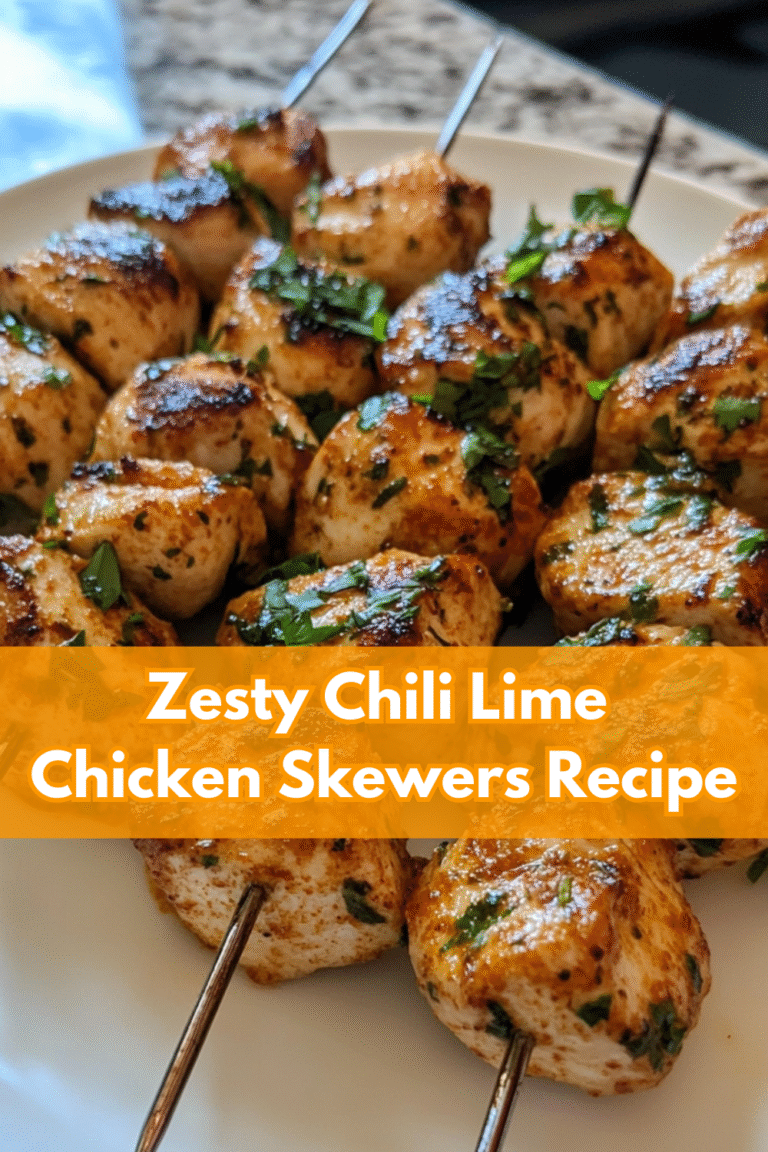 Close-up of chili lime chicken skewers garnished with herbs on a white plate, with text overlay reading "Zesty Chili Lime Chicken Skewers Recipe.