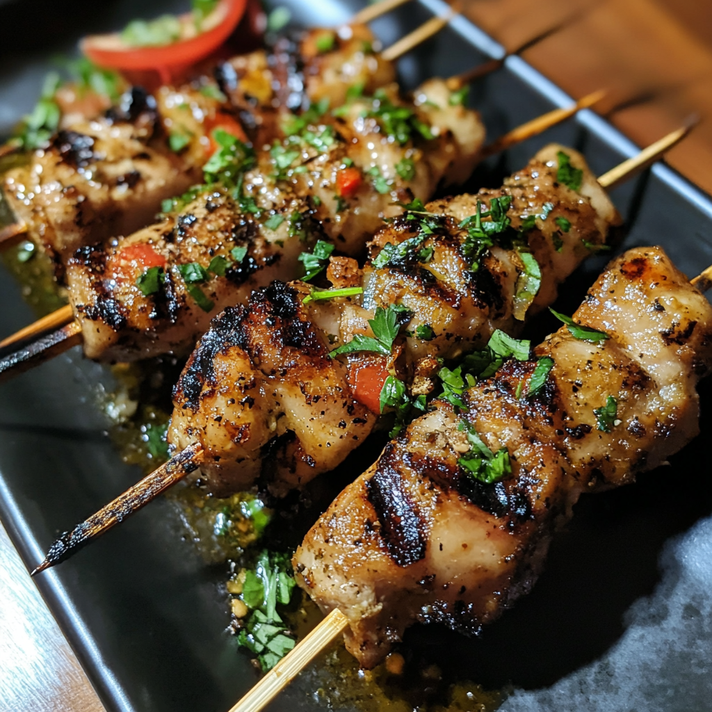 Chili lime chicken skewers garnished with chopped herbs, served on a black rectangular plate with a slice of tomato in the background.