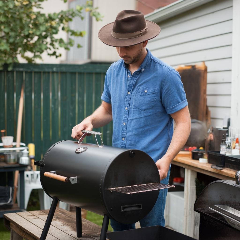 A man in a blue shirt and brown hat stands beside a black barbecue smoker in a backyard, preparing food.