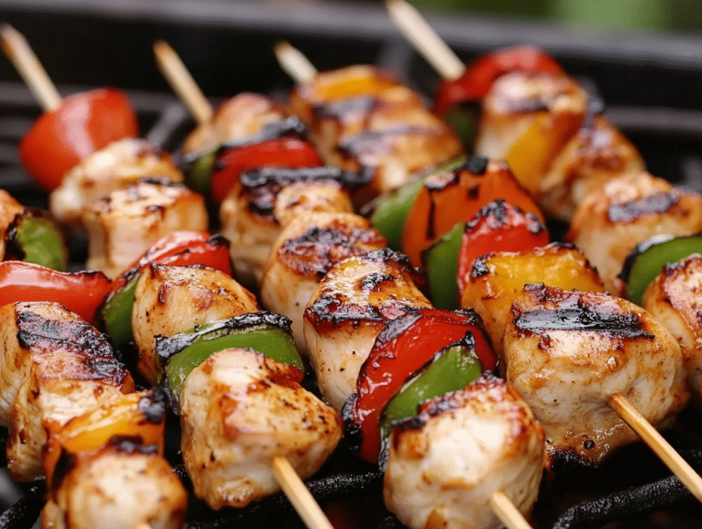 Grilled chicken skewers with red and green bell peppers sizzle on the barbecue, creating a colorful and appetizing meal.